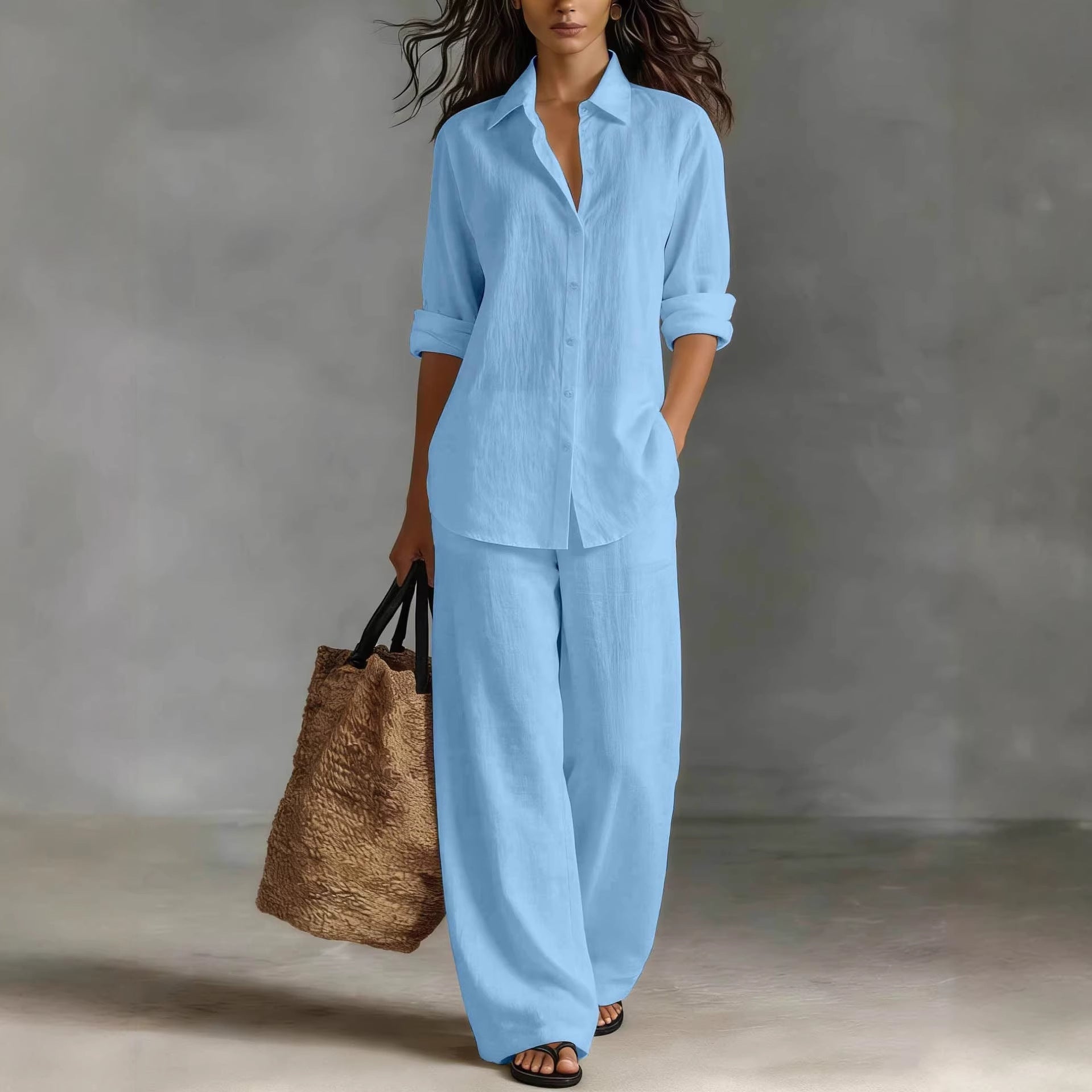 Women's Bohemian cotton-linen top and pants set by FitiqueFit, casual resort lounge co-ord, relaxed fit with flowing fabric.