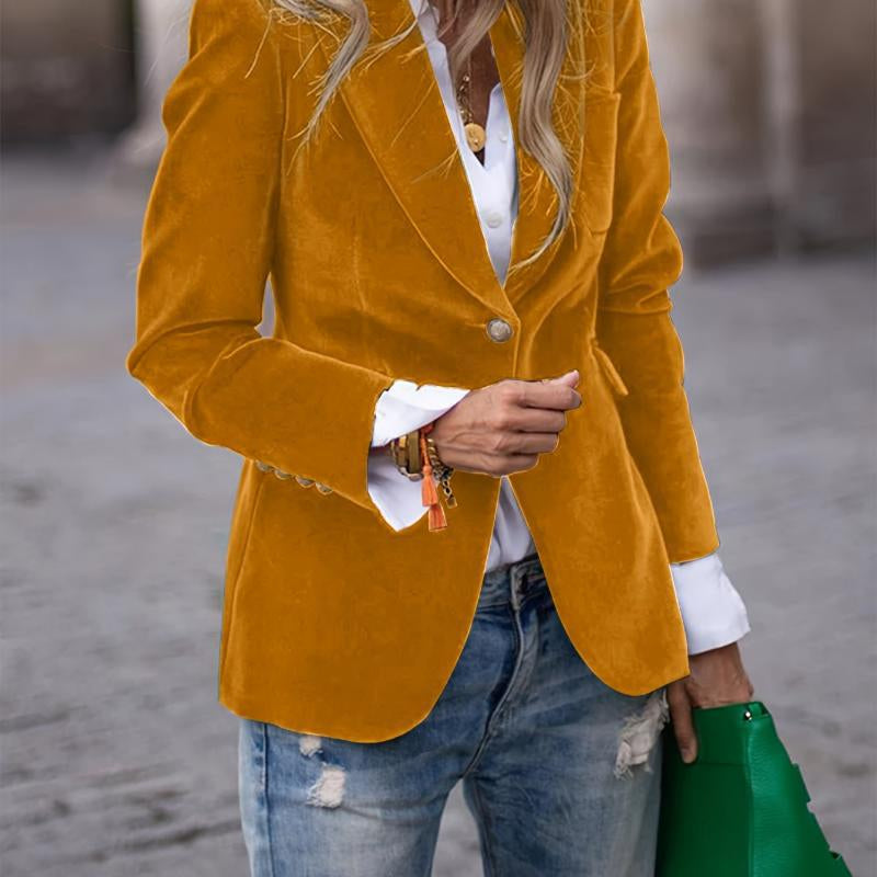 Women’s slim-fit notch-lapel blazer by FitiqueFit, casualwear style, shown in a stylish, tailored fit on a model.