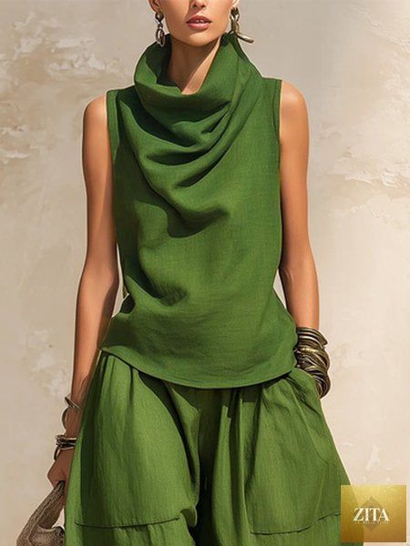 Women's Draped Cowl-Neck Sleeveless Top & Voluminous Balloon Lantern Trouser Set