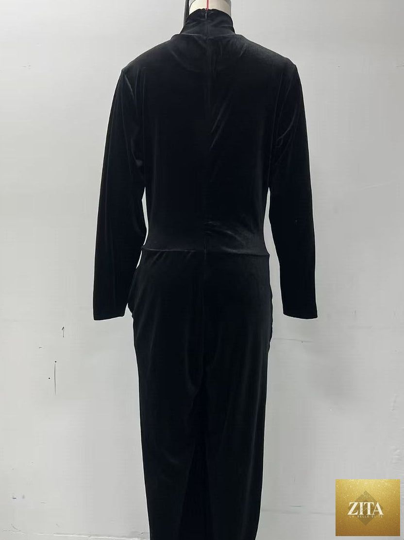 Women's Velvet Mock Turtleneck Chevron-Seam Fitted Bodice Balloon-Leg Jumpsuit