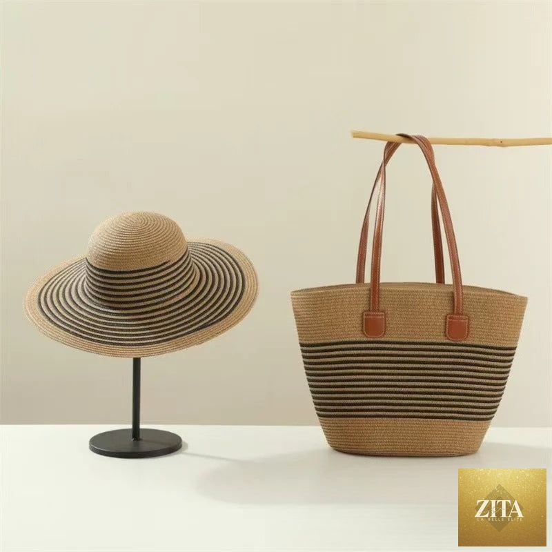 Straw Hat & Tote Set – Beach Vacation Sun Protection Duo, Large Capacity Travel Tote