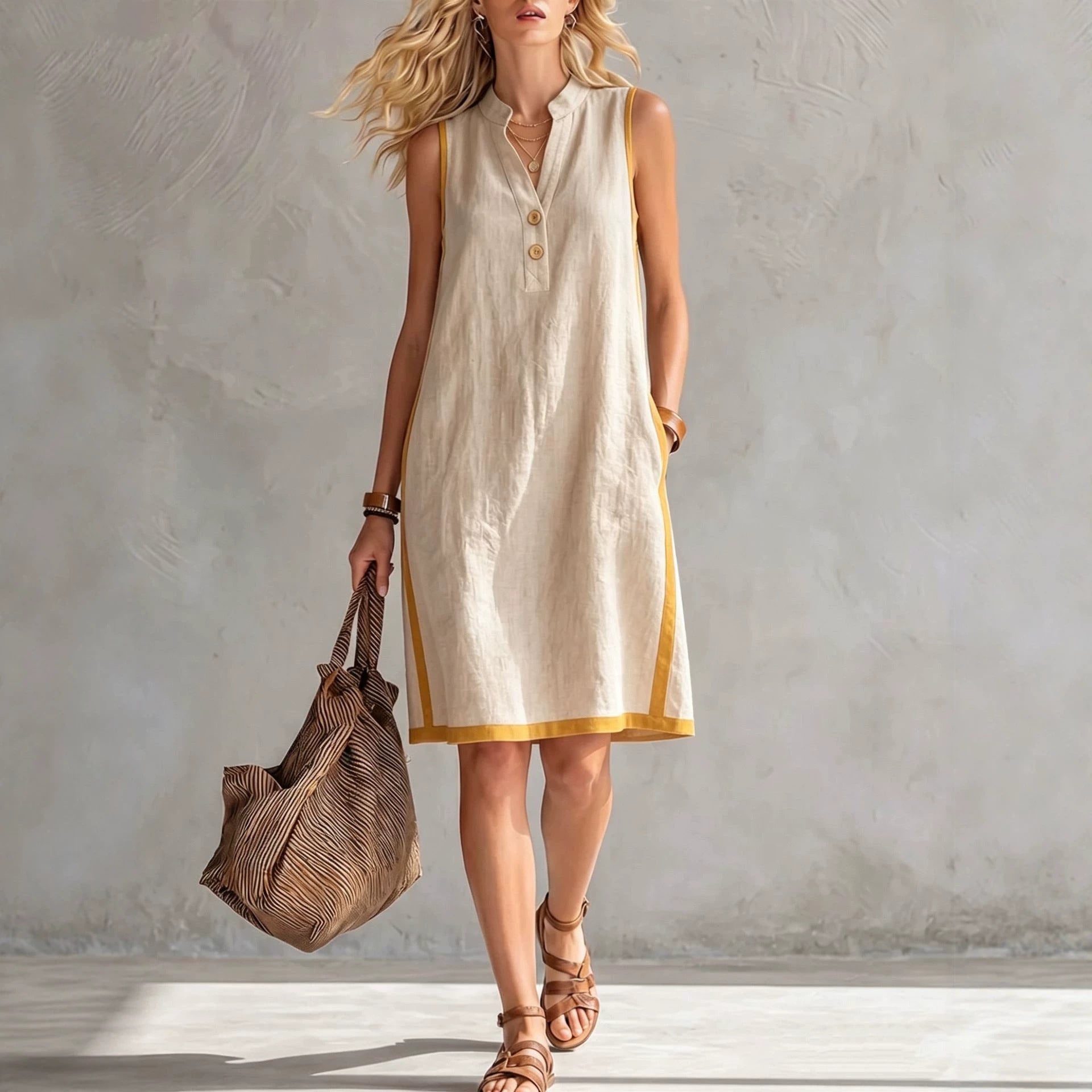 Women's sleeveless V-neck button-front A-line midi dress with pockets, casualwear by FitiqueFit, shown in a natural stance.