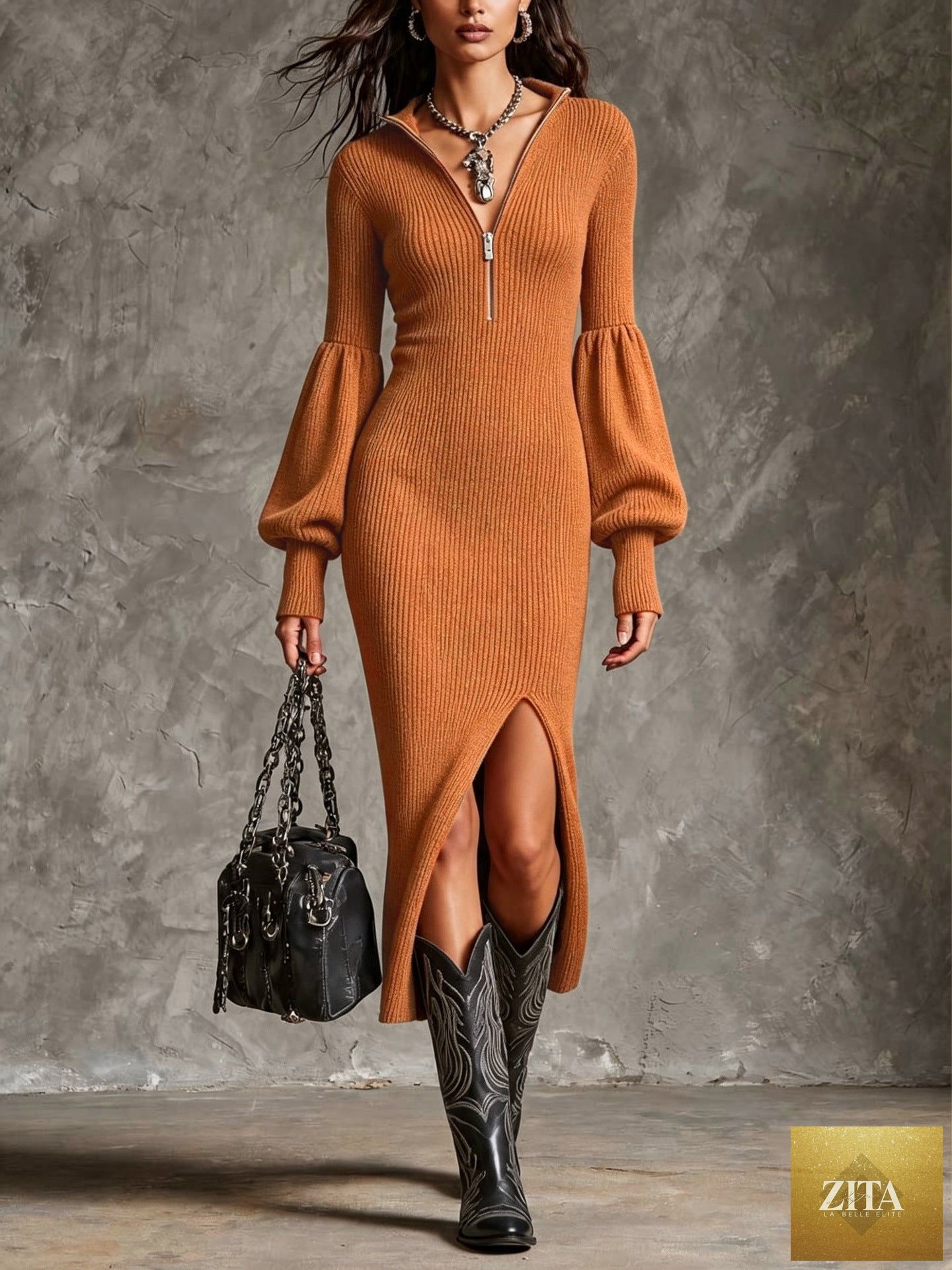 Women's slim-fit ribbed knit midi dress by FitiqueFit with zip collar and lantern sleeves, styled on a model.