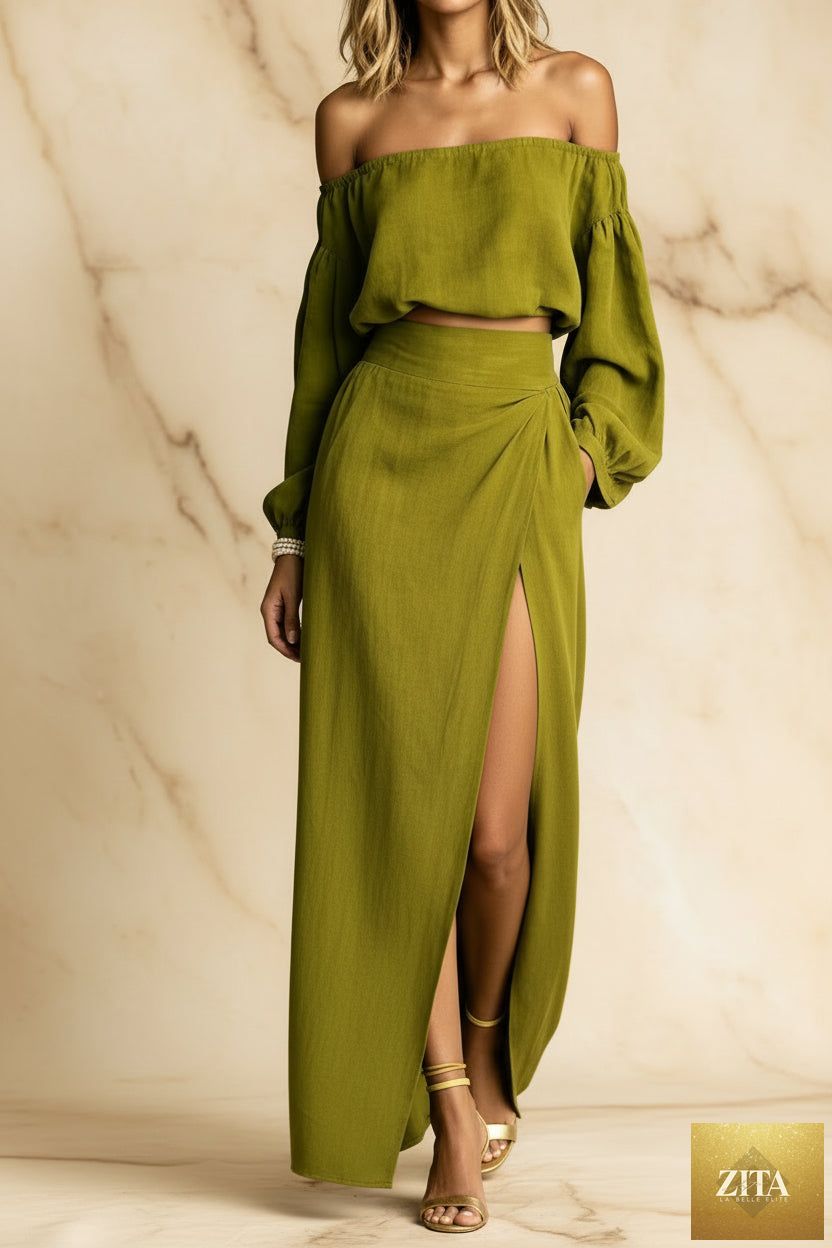 Women's Off-Shoulder Puff-Sleeve Crop Top & Wrap-Front High-Slit Maxi Skirt Set