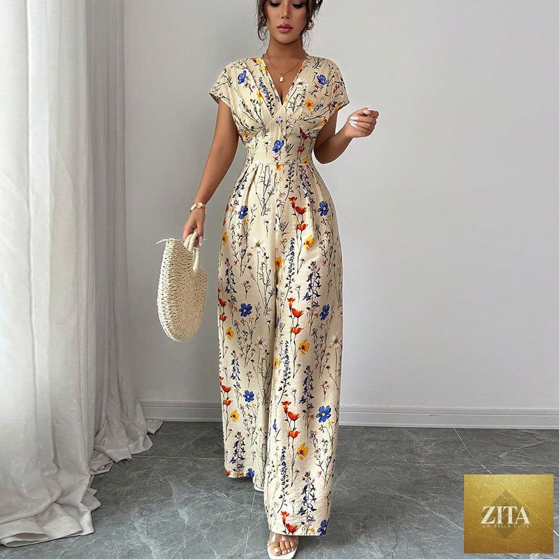 Autumn Short-sleeved Waist-cinching Wide-leg Pants