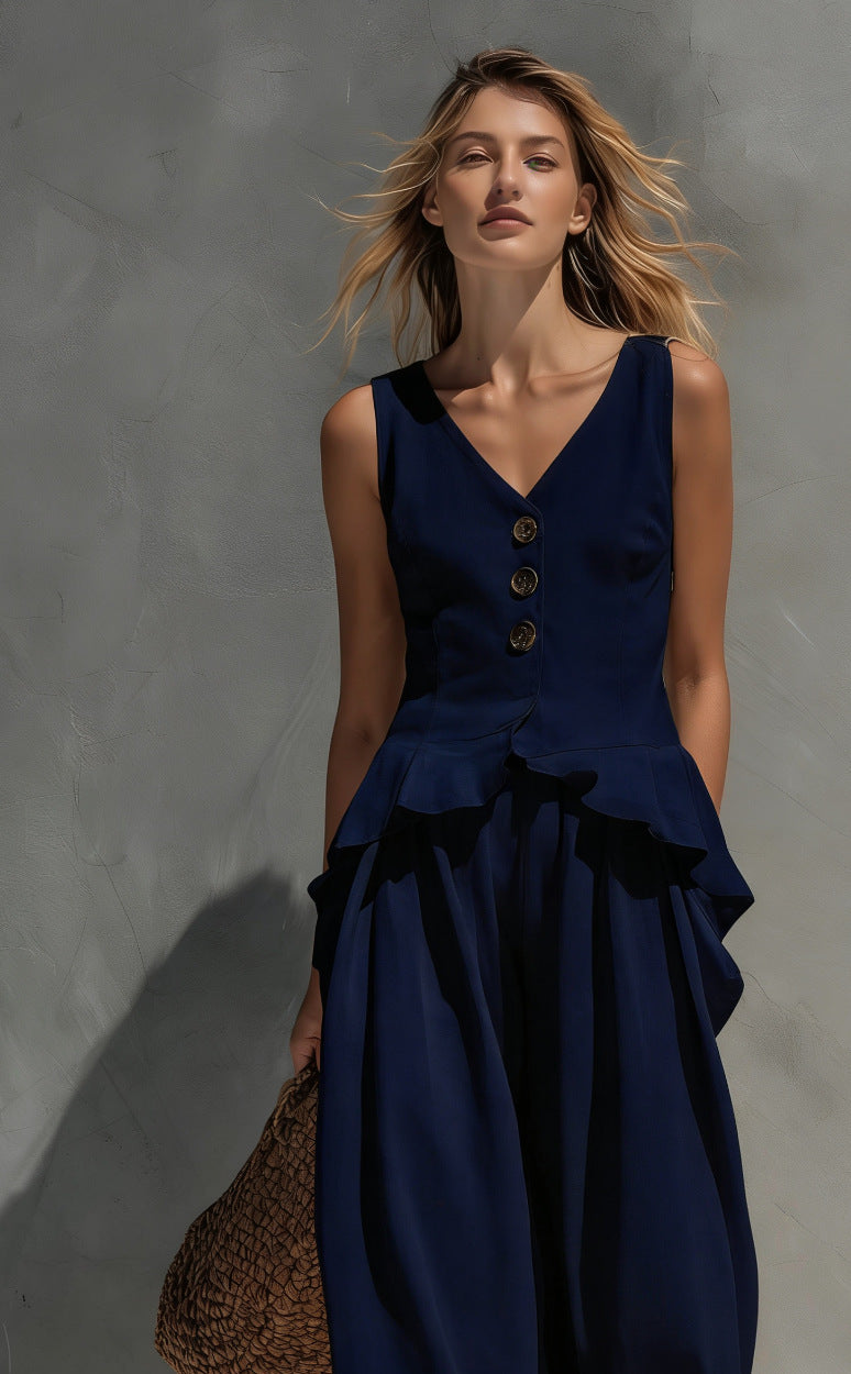 Women's sleeveless top and wide-leg pants two-piece casualwear set by FitiqueFit, featuring a stylish sleeveless top and relaxed wide-leg pants.