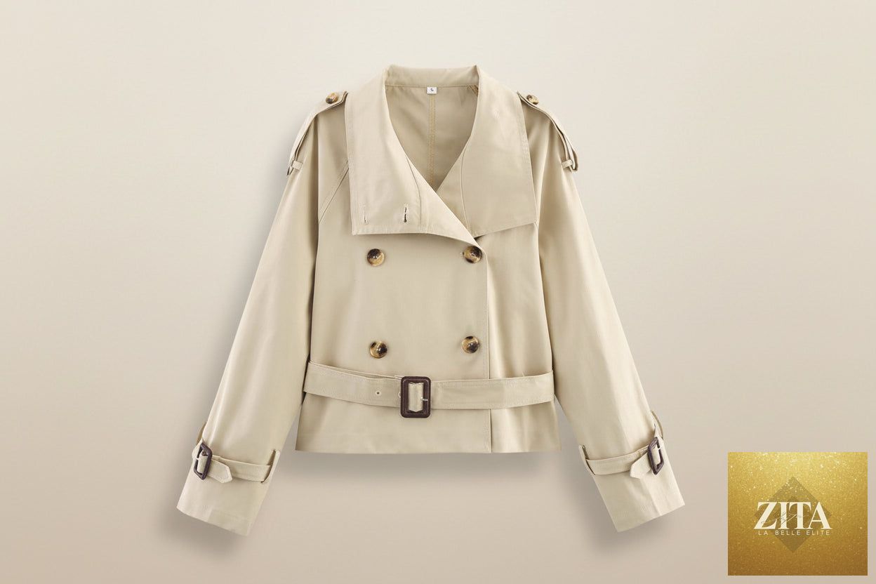 Women's notch-collar short trench coat with belt buckle detail from FitiqueFit, featuring a stylish outerwear jacket with a classic design.