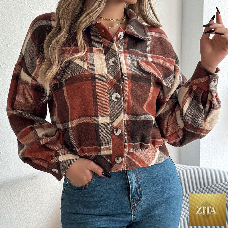 Women’s plaid shacket by FitiqueFit, long-sleeve button-down shirt jacket with a stylish plaid pattern and relaxed fit.