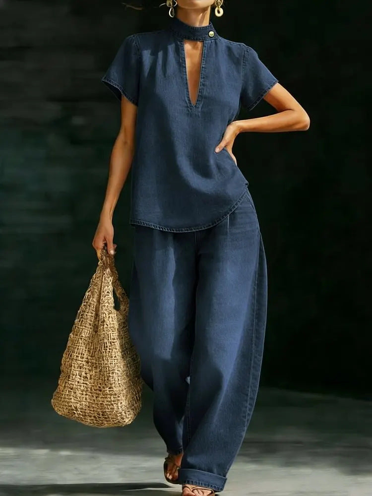 Faux Denim Two-Piece Set – Loose-Fit Short-Sleeve & Pants