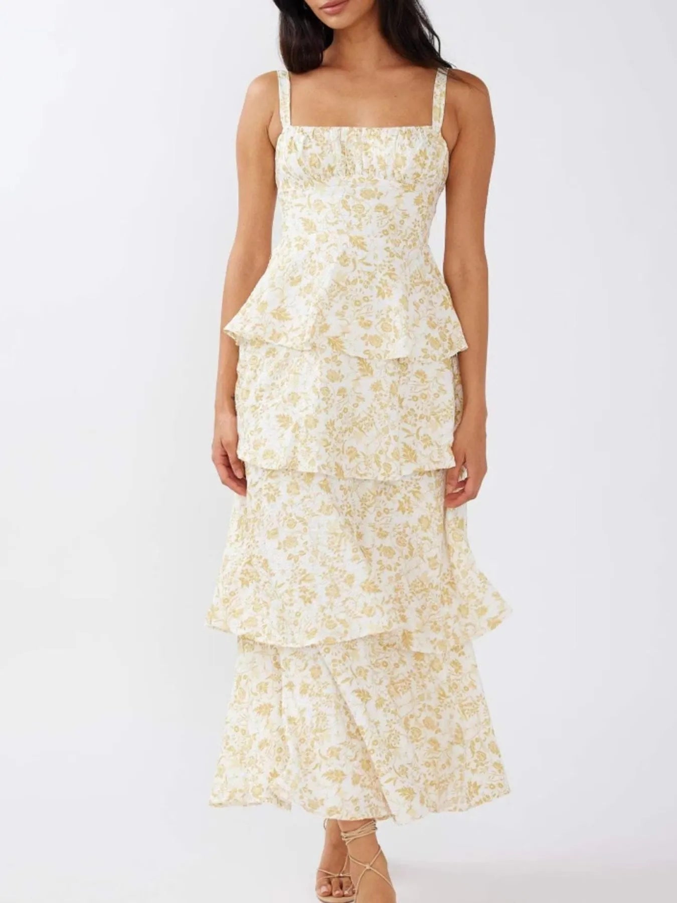 Floral layered ruffle maxi dress by Shopiebay featuring a flowy silhouette and vibrant flower print, perfect for summer occasions.