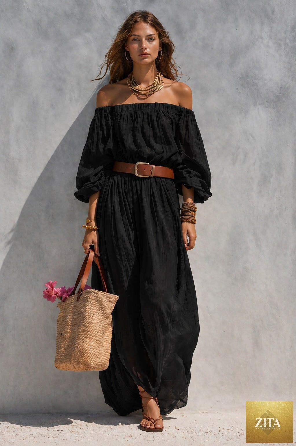 Women's off-shoulder balloon sleeve maxi dress by MERIDGE, featuring a flowy silhouette and elegant design.
