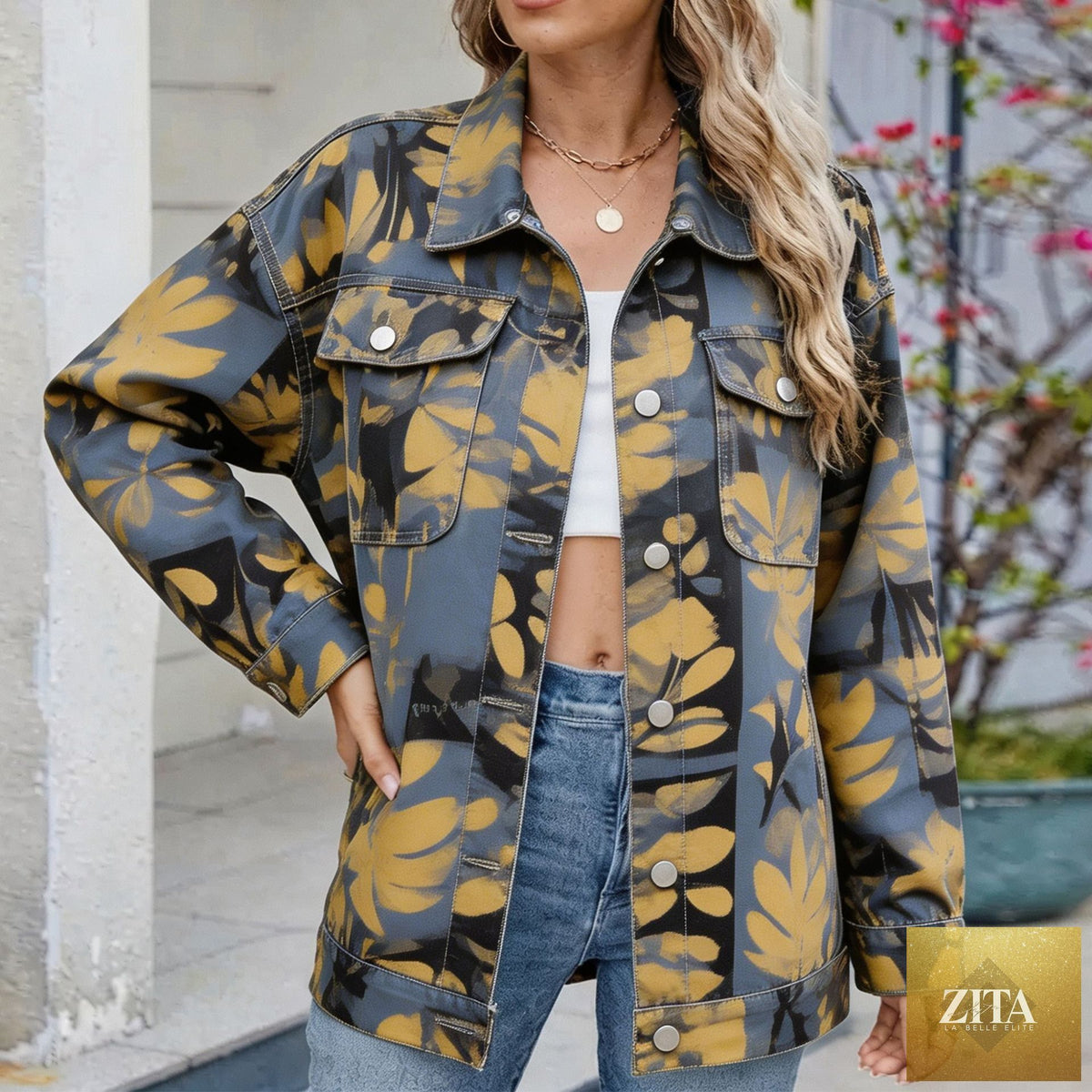 Women's Botanical Print Drop-Shoulder Denim Jacket