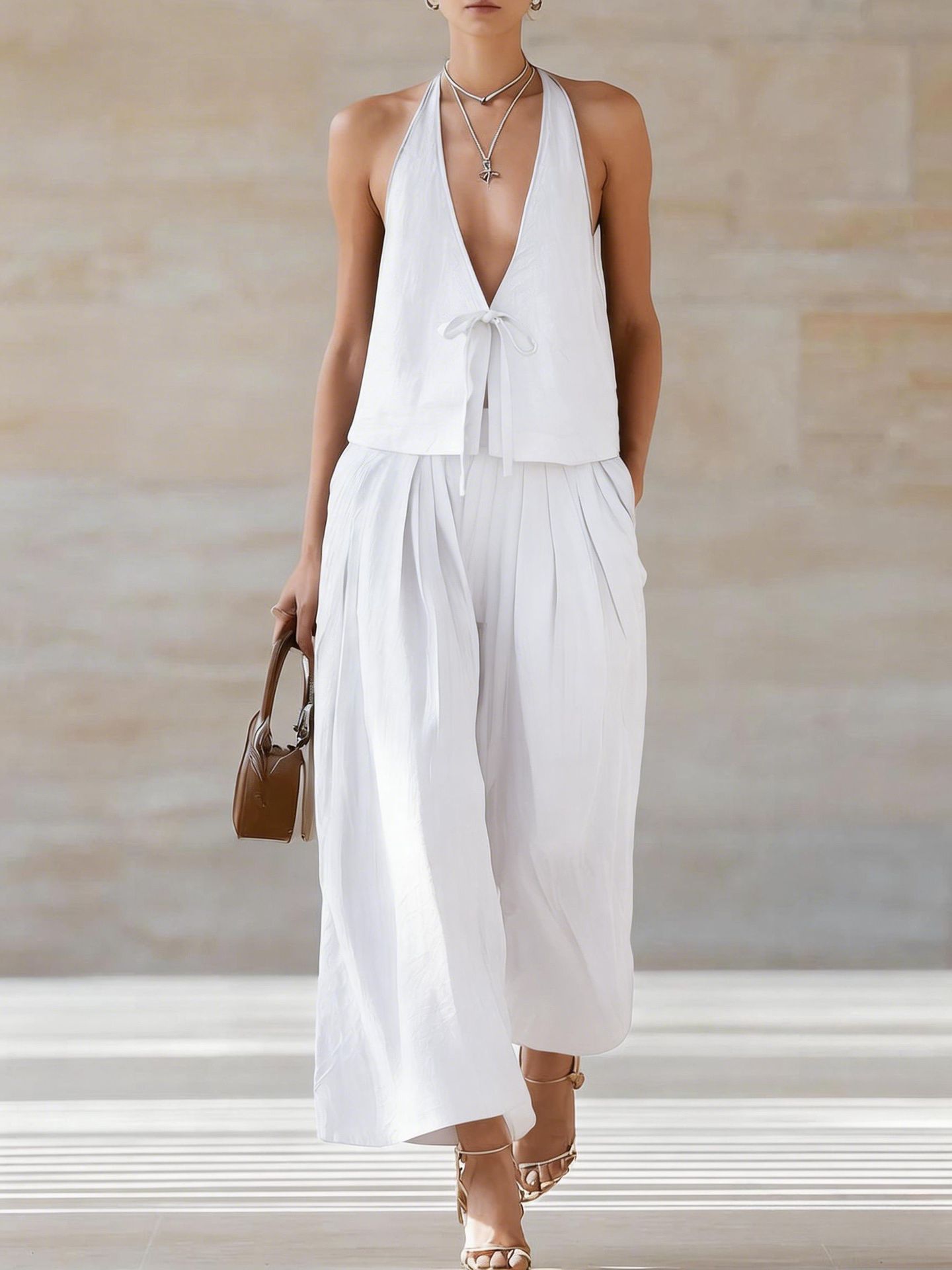 Women's sleeveless vest and wide-leg pants set by FitiqueFit, casualwear with lace-up details, shown in a stylish 2-piece outfit.