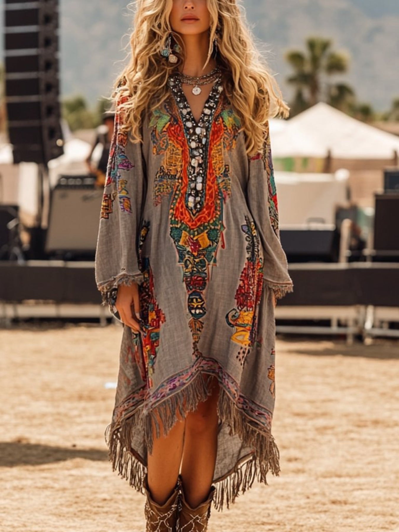 Long sleeve dress with fringe hem and notched neckline by Shopiebay, featuring a stylish and flowy design.