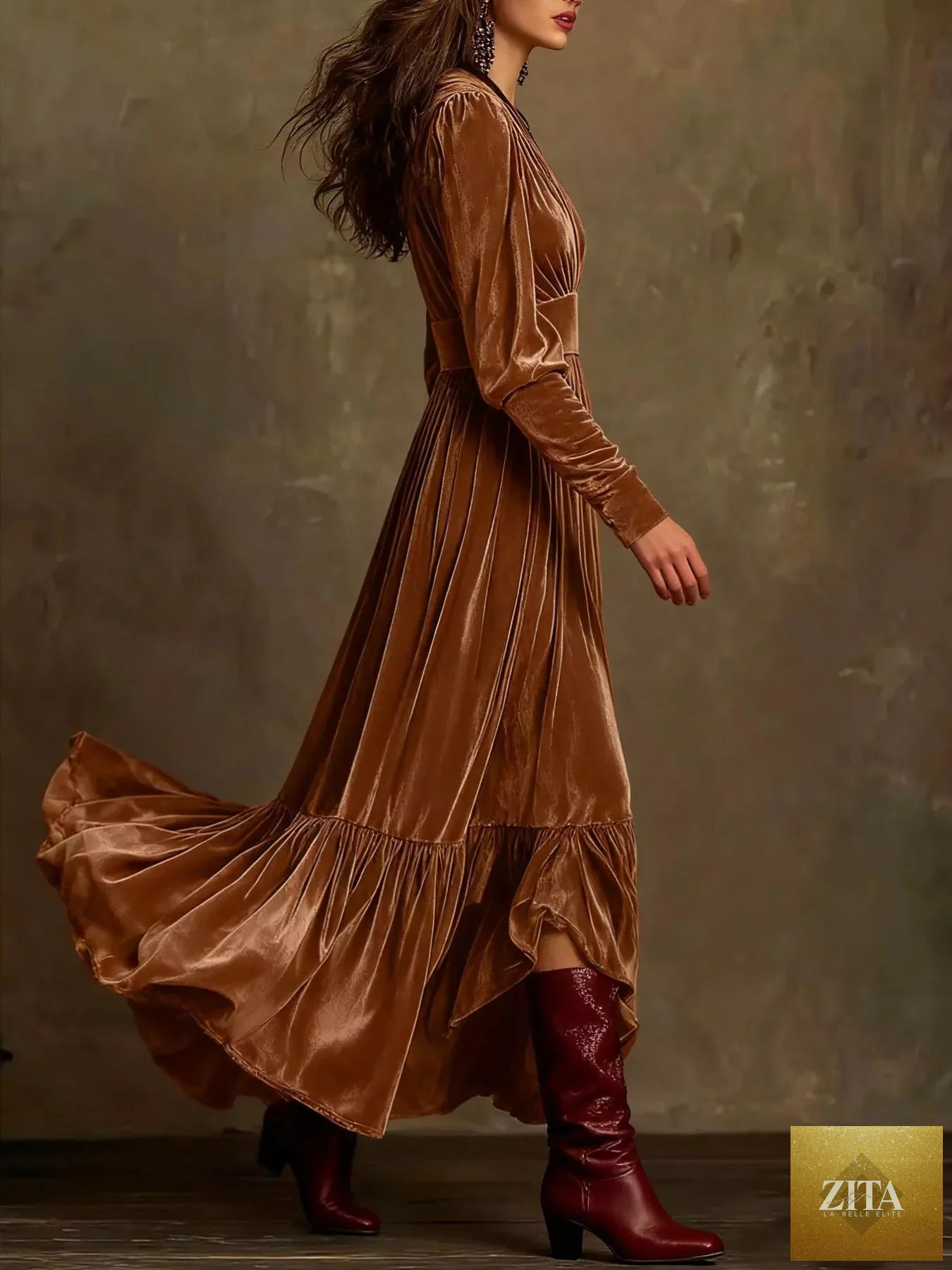 Elegant velvet V-neck long sleeve maxi dress by Shopiebay, featuring a flowing design and sophisticated style.