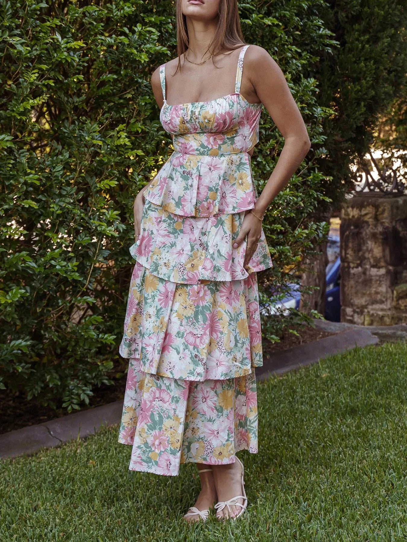 Floral layered ruffle maxi dress by Shopiebay featuring a flowy design, vibrant floral pattern, and elegant tiered ruffles.
