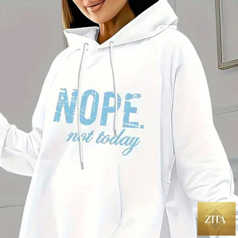 FitiqueFit casual 2-piece set with solid color leggings and letter print hooded sweatshirt, perfect for comfortable everyday wear.