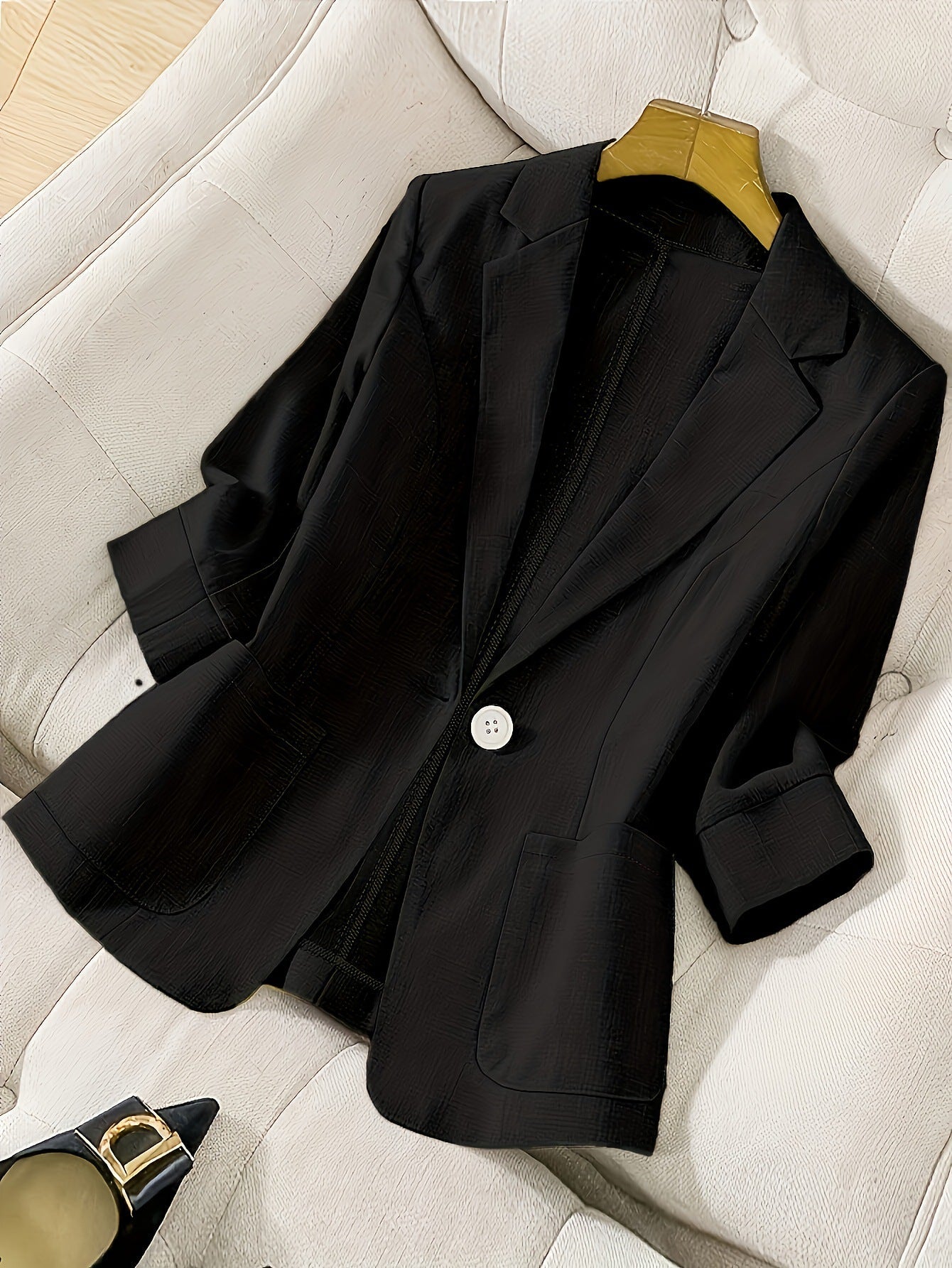 Women's casual blazer with three-quarter sleeves and single button closure by FitiqueFit, tailored coat ideal for stylish everyday wear.