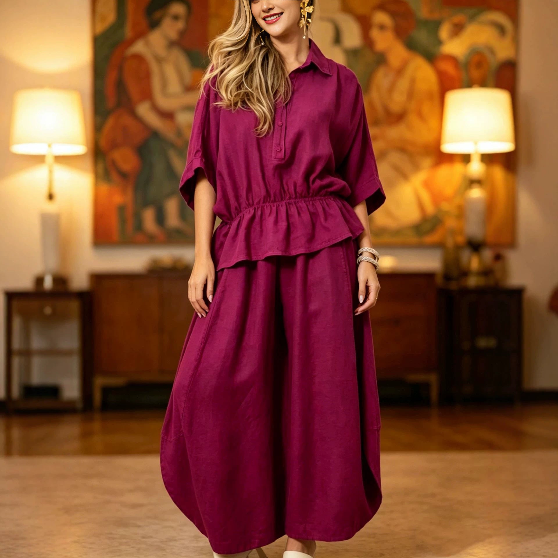 Women's Plus Size Belted Shirt & Wide-Leg Pants Two-Piece Set