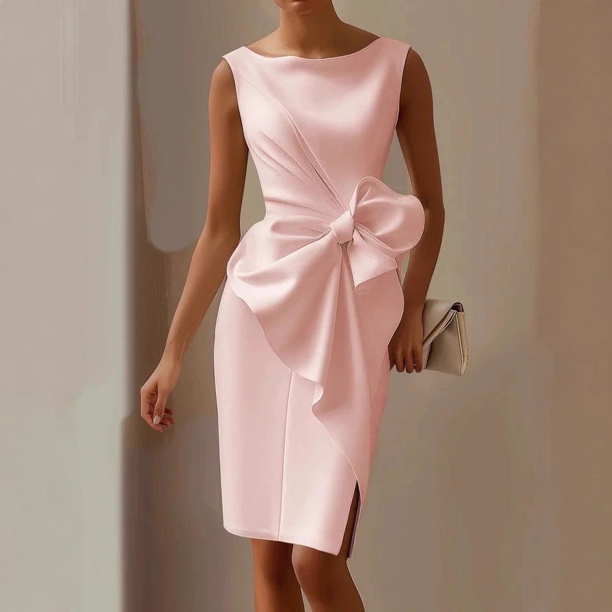 Women’s bow-knot sleeveless midi dress by FitiqueFit featuring a high waist and A-line casualwear design.