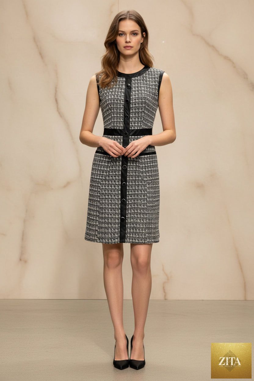 Women's vintage tweed sleeveless A-line mini dress with leather trim vest, stylish fitiqueFit dress for a chic look.