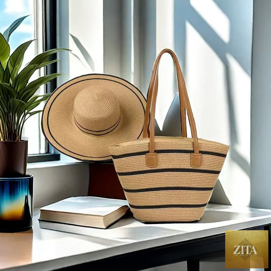 Straw Hat & Tote Set – Beach Vacation Sun Protection Duo, Large Capacity Travel Tote