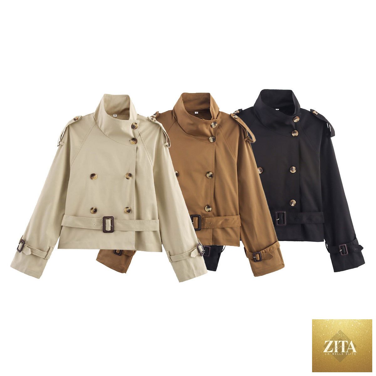 Women's FitiqueFit short trench coat with notch collar, belt buckle detail, lightweight jacket for stylish outerwear.