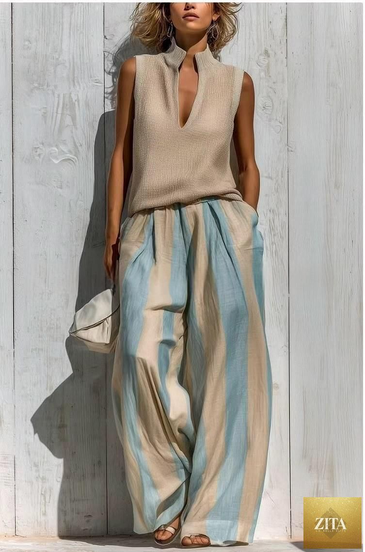Women's Textured Knit V-Notch Stand Collar Tank & Striped Wide-Leg Palazzo Pants Set
