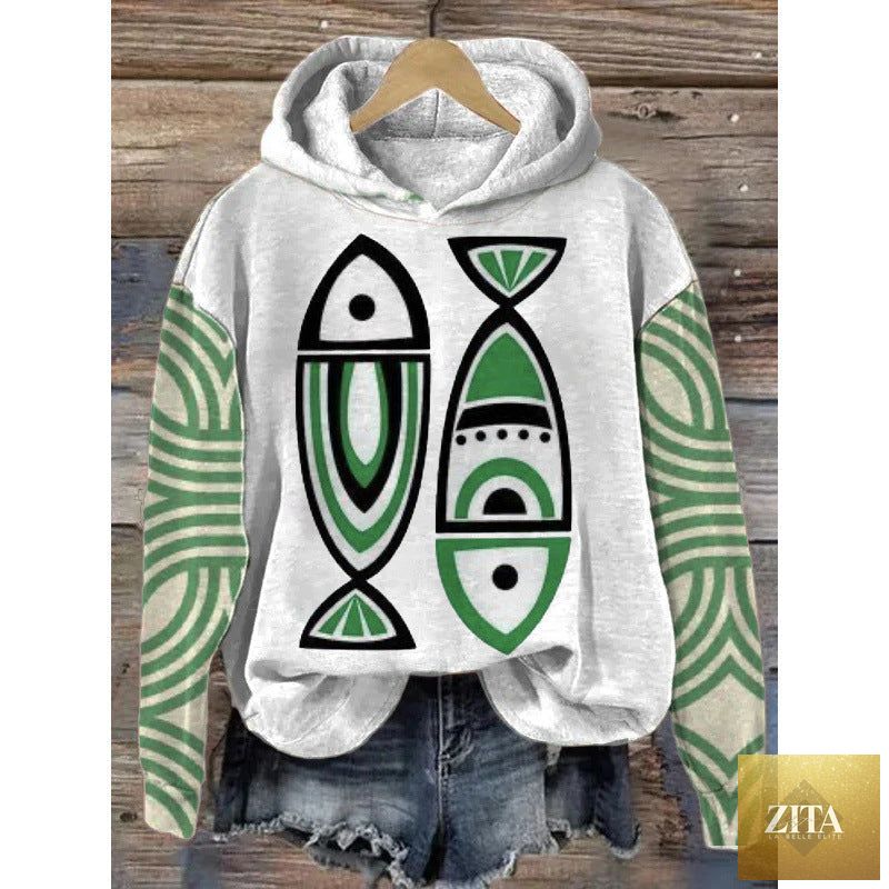 Women’s printed hooded long sleeve sweatshirt from FitiqueFit, showing a cozy hoodie with colorful printed design.