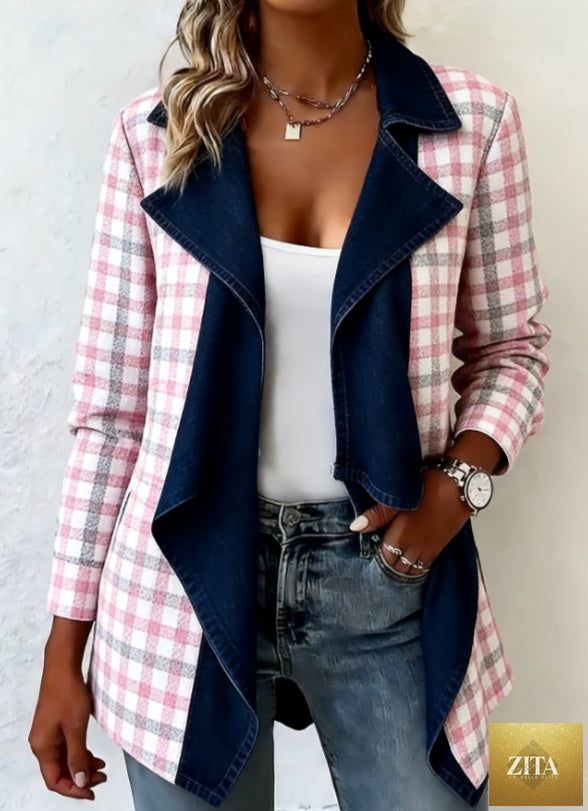 Patchwork denim collar coat for women, long-sleeved mid-length FitiqueFit coat with stylish patchwork design, shown on a model.