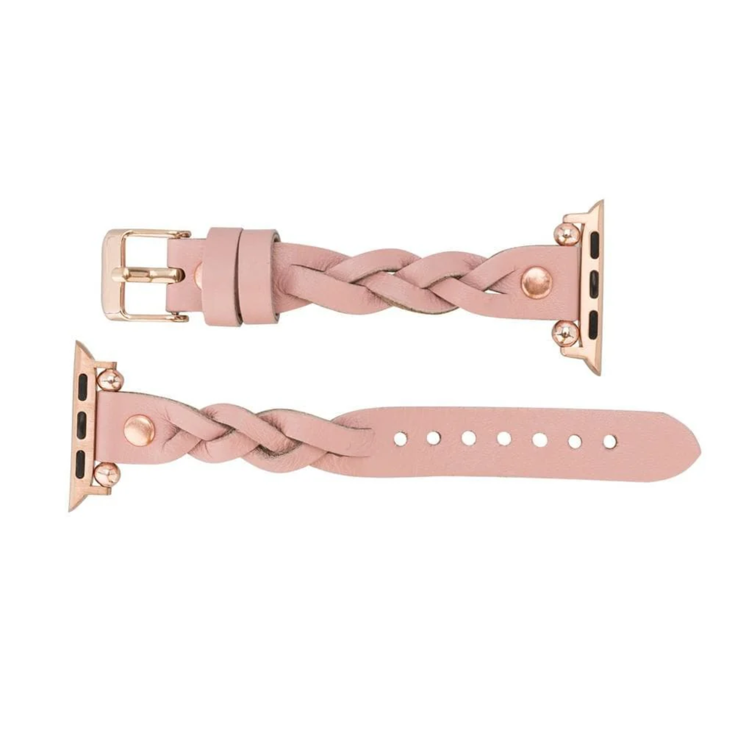 Leather Apple Watch band in pink with braided design from LEATHERE, stylish accessory for Apple Watch.