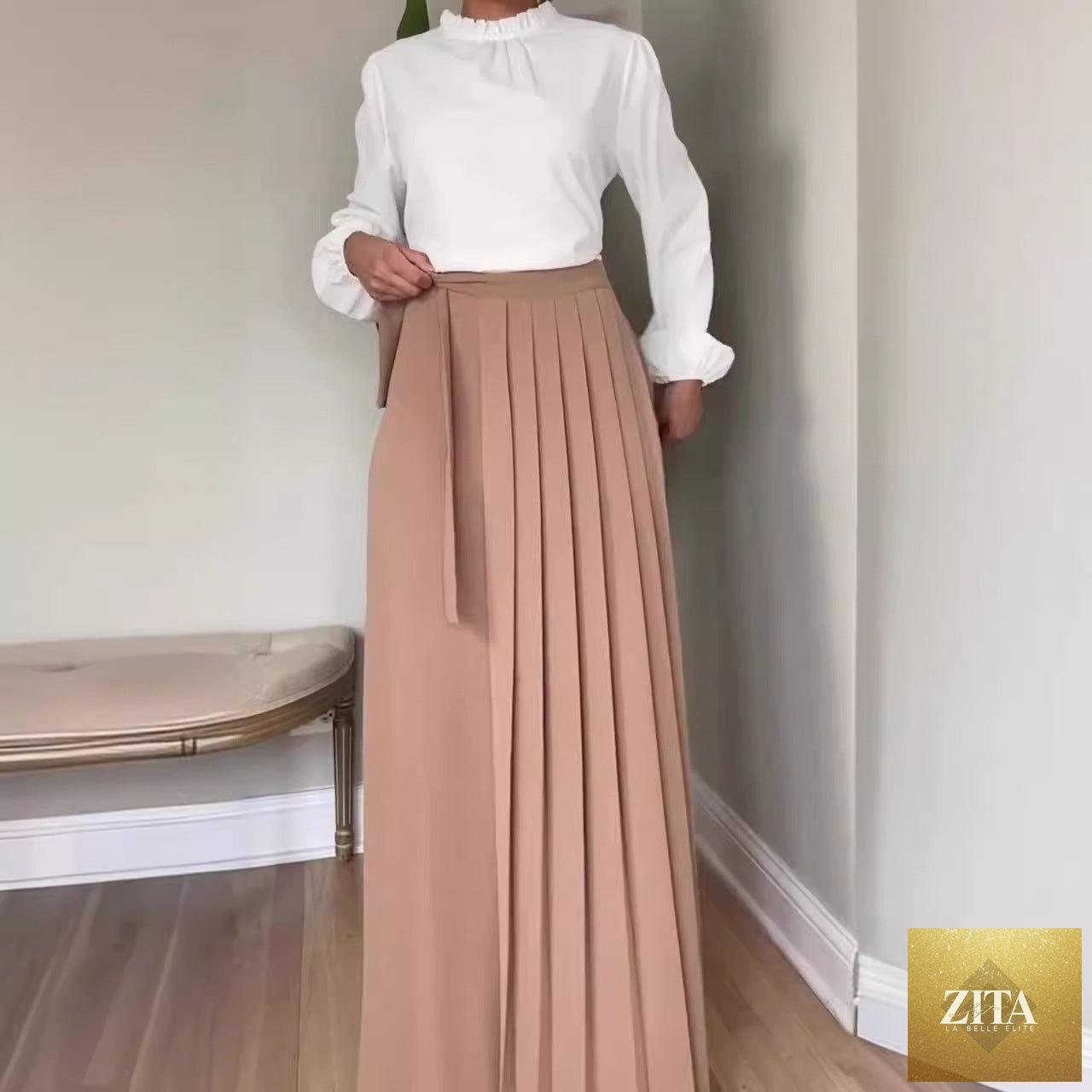 Womens Solid-Color Wide-Leg Pleated Pants With Ties