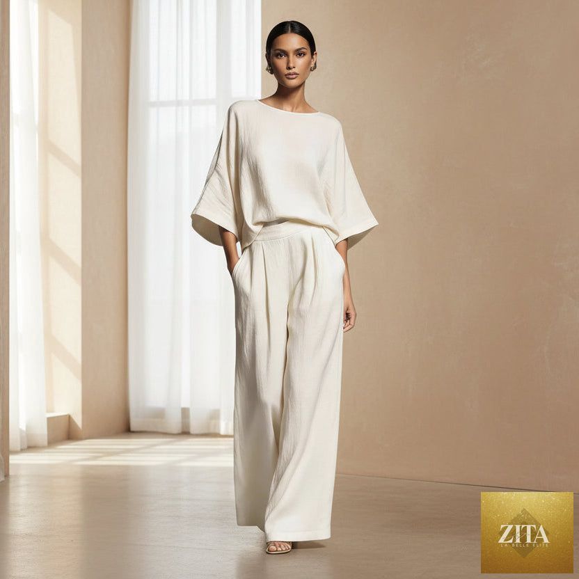 Women's Batwing-Sleeve Top & Wide-Leg Pleated Trousers Two-Piece Set