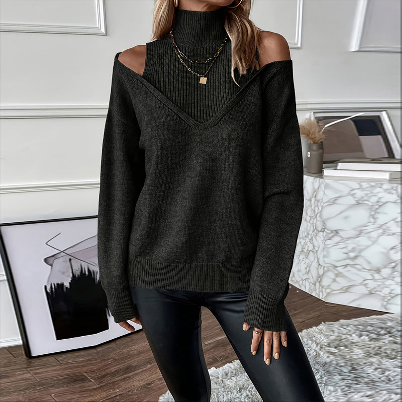 Women’s elegant off-shoulder turtleneck sweater by FitiqueFit, featuring long sleeves and a cozy knit casualwear style.