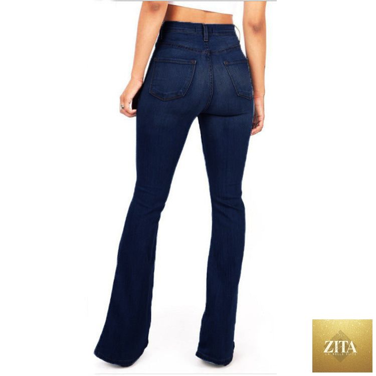 Plus size women's denim jeans by SHOMICOBOUTIQUE, long slim bell bottom and skinny denim trousers in classic blue.