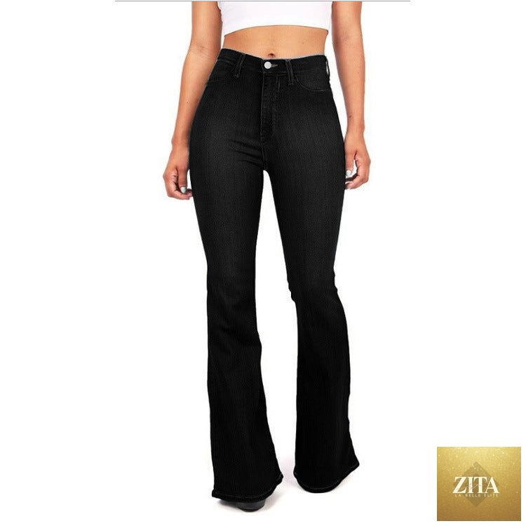 Plus size women's denim jeans by SHOMICOBOUTIQUE featuring long, slim bell bottom and skinny styles in classic blue denim.