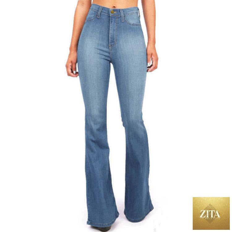 Plus size women's denim jeans featuring long slim bell bottom and skinny styles from SHOMICOBOUTIQUE, shown in a natural pose.