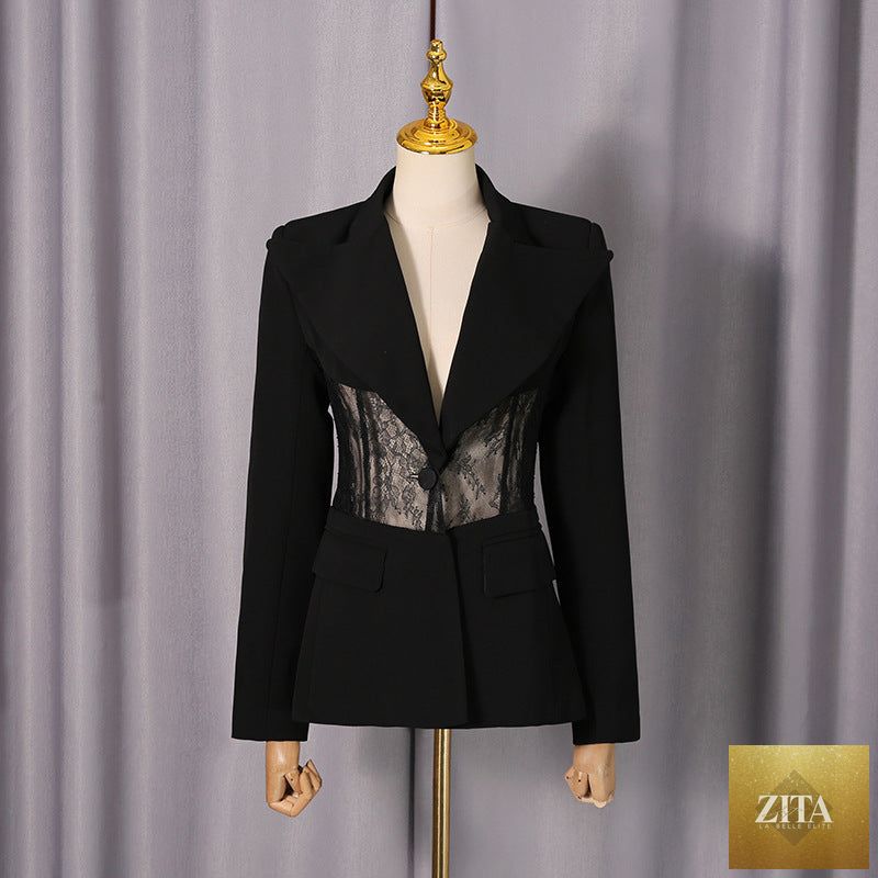 Lace boning waist-cinching blazer for women with tailored fit and structured design, stylish and elegant for formal or casual wear.