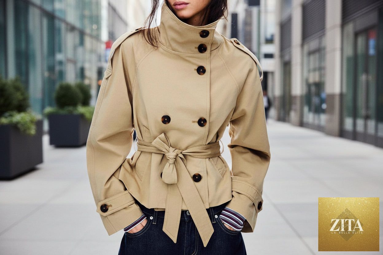 Women’s lace-up waist trench coat by FitiqueFit, stylish jacket with a tailored fit and lace-up front detail.