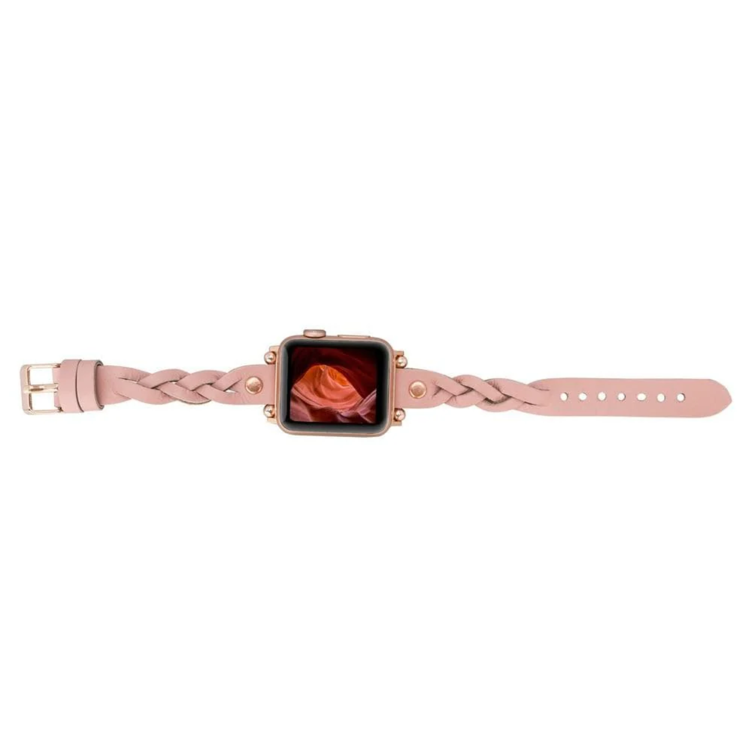 Leather Apple Watch band by LEATHERE in pink braided design for Apple Watch, featuring a stylish and comfortable fit.