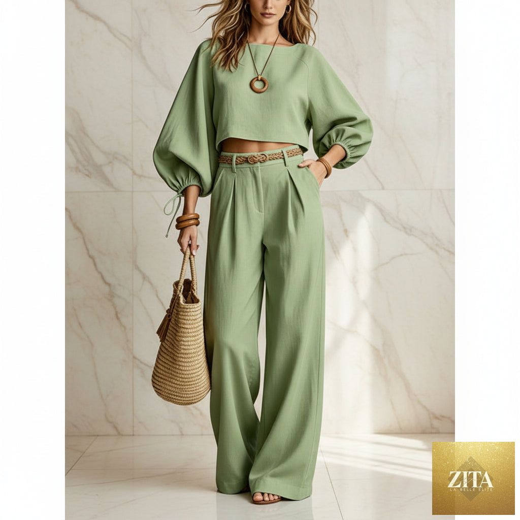 Women's Balloon Puff Sleeve Tie-Cuff Crop Top & Pleated Wide-Leg Trousers Set