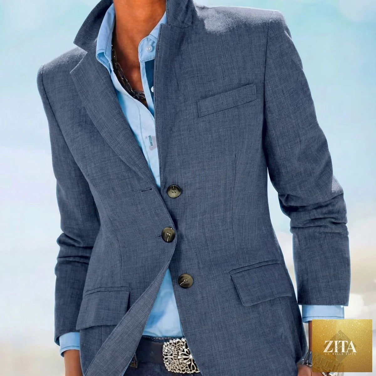 Plus-size old-money-style slim casual blazer for women, tailored fit with classic design and elegant details.