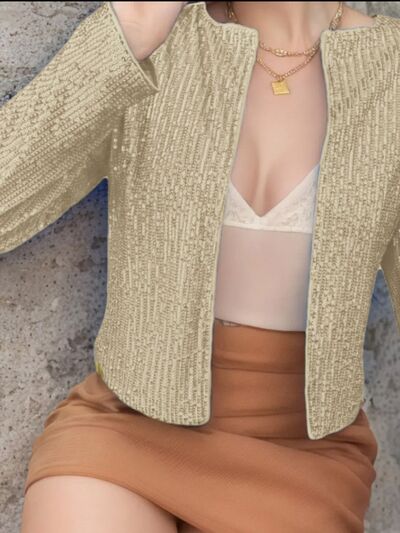 Stevvex women's full-size sequin cropped jacket with open front, glamorous sparkle, perfect for parties and elegant occasions.