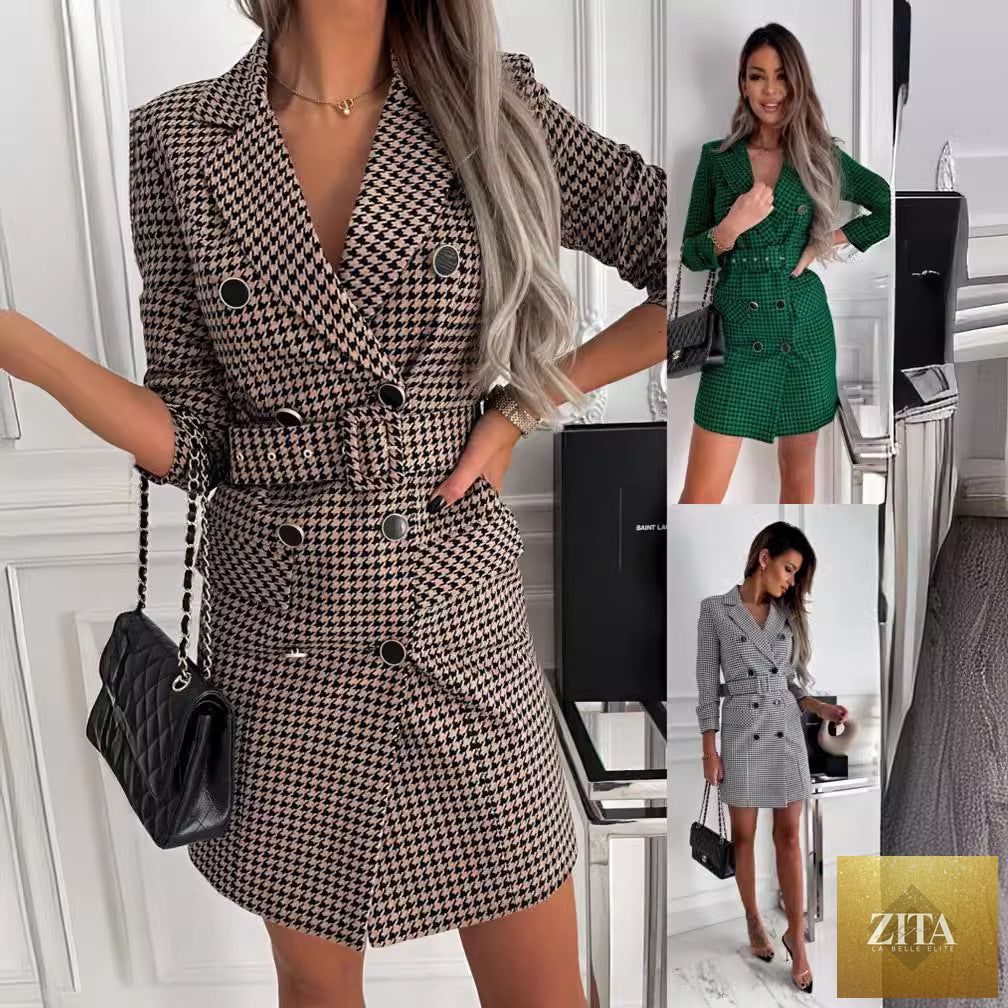 Plaid blazer dress for women featuring fashion printing, tailored fit, long sleeves, and stylish collar detail.