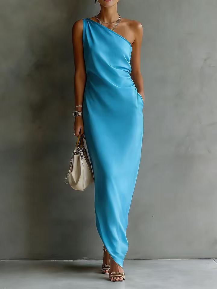 Women's satin off-shoulder slim-fit maxi dress by FitiqueFit, casualwear, with elegant off-shoulder design and smooth satin fabric.