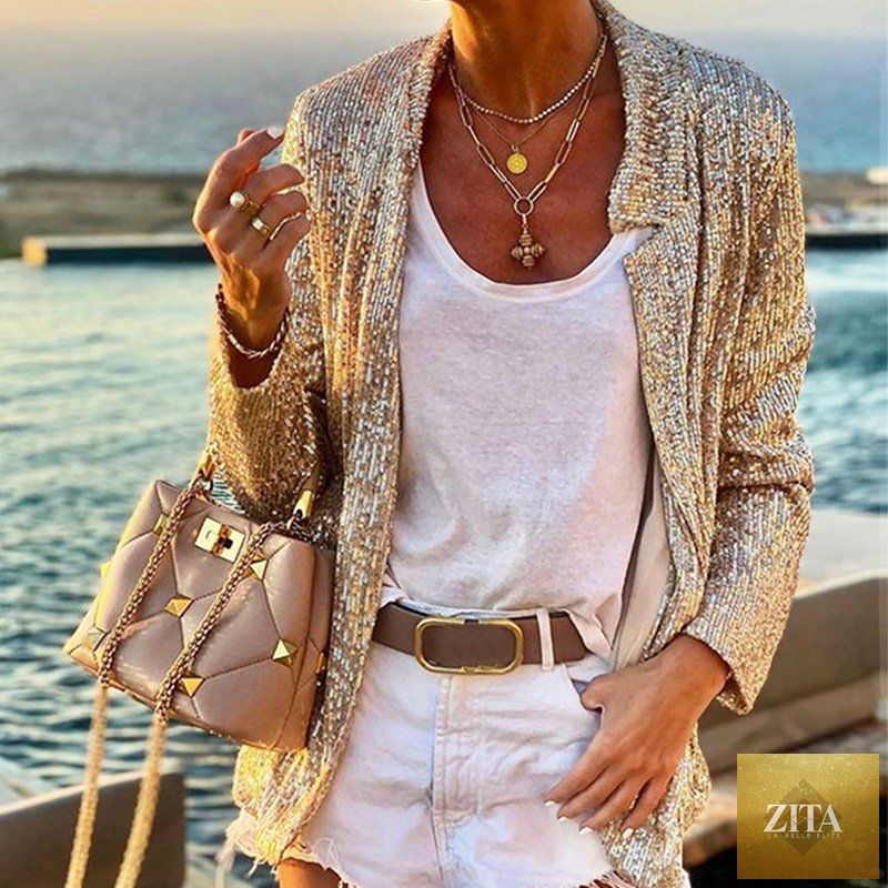 Women's sequined long-sleeved blazer with slim fit design, perfect for autumn and winter, stylish and elegant.