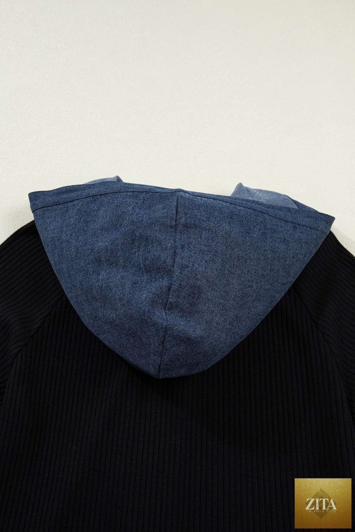Black Ribbed Knit Contrast Denim Patchwork Hooded Long Sleeve Top