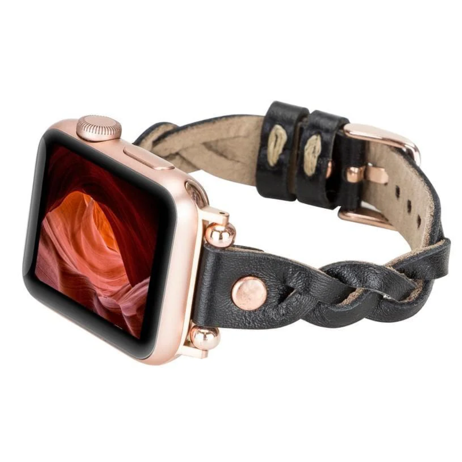 Leather Apple Watch braided band in black by LEATHERE, showcasing its textured leather design and secure fit for stylish wear.
