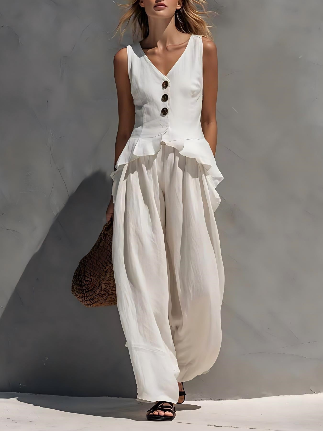 FitiqueFit casualwear set with ruffled tank top and draping wide-leg pants in six colors, available in sizes S to 3XL.