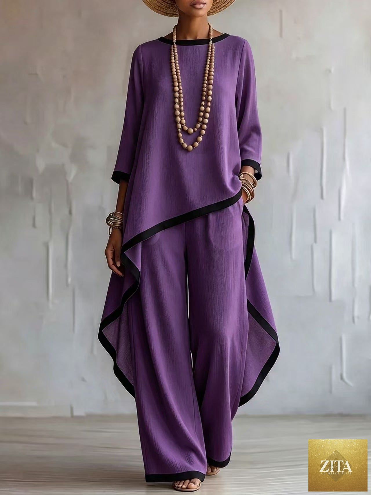 Women's Asymmetric Linen Tunic & Wide-Leg Pants Set